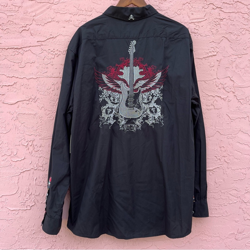 New Rock Roll n Soul Black Button Up Shirt Embroidered Guitar Wings NWT Size 3XL